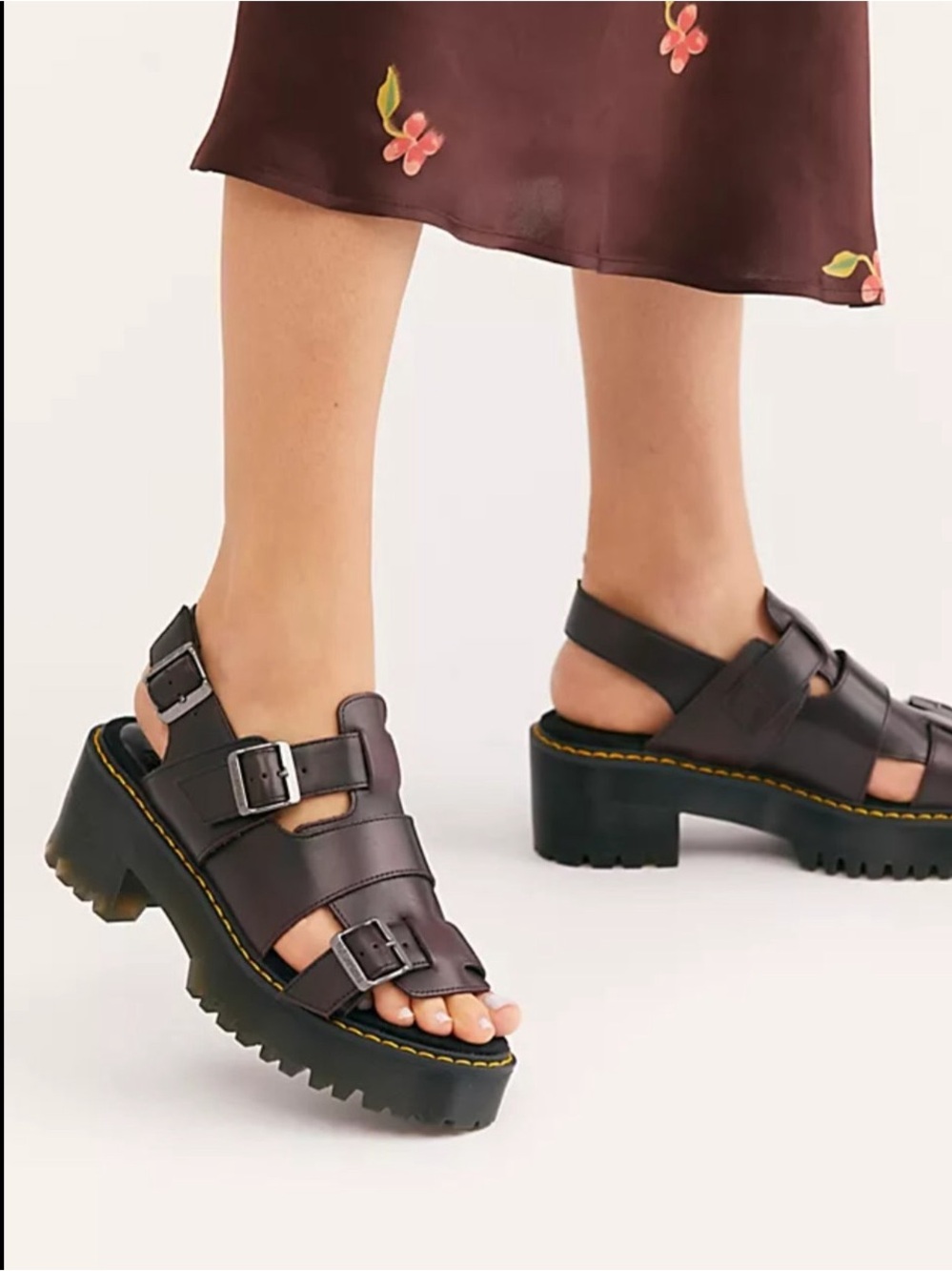 Dr. Martens Dark Brown Lug Platform Sandals with Yellow Stitching